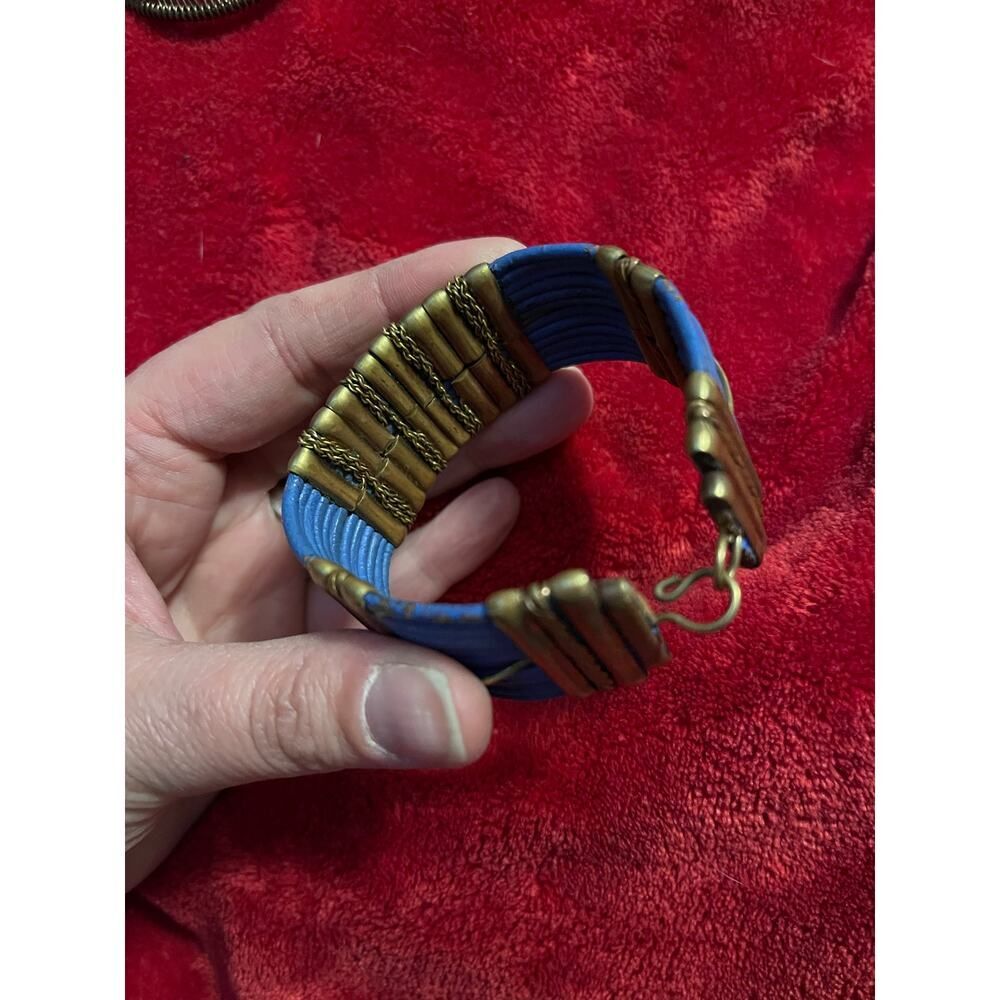 Vintage Alexis Kirk, blue, leather, and brass cuff bracelet - Picture 2 of 5